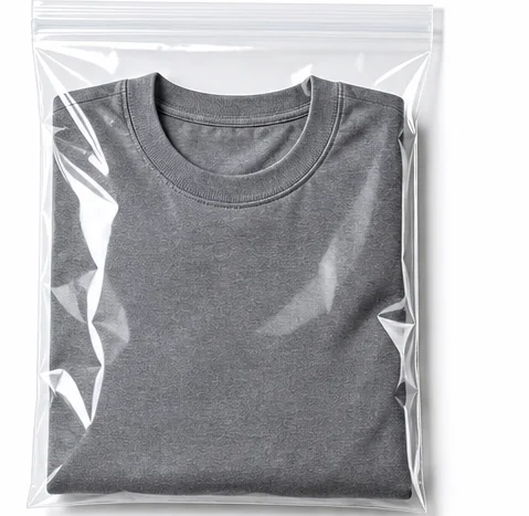 Grey folded T-shirt in clear PE zip bag