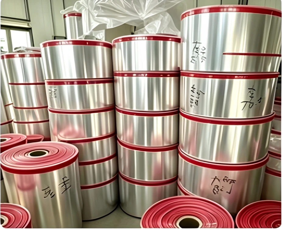 Stacked plastic packaging material rolls