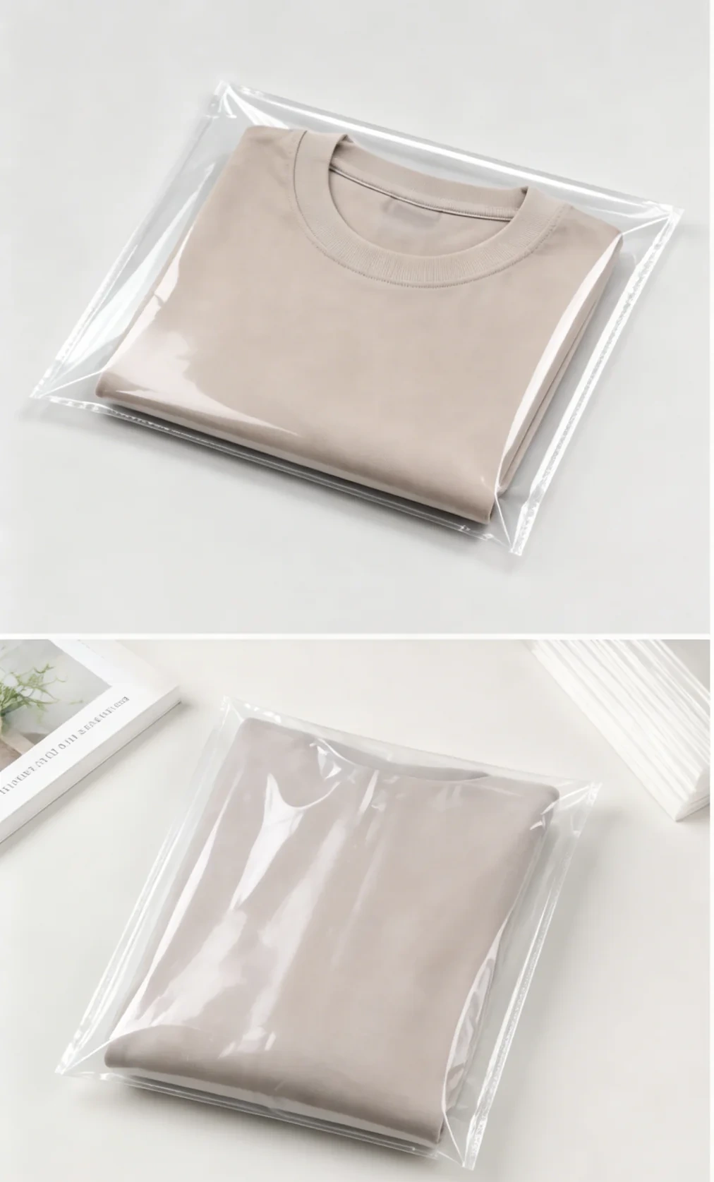 Beige folded garment in clear PE bag