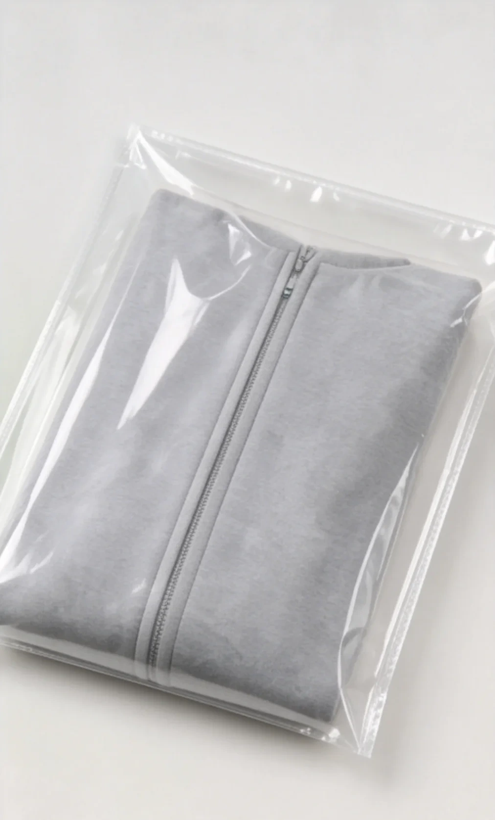 Grey folded garment in clear PE bag