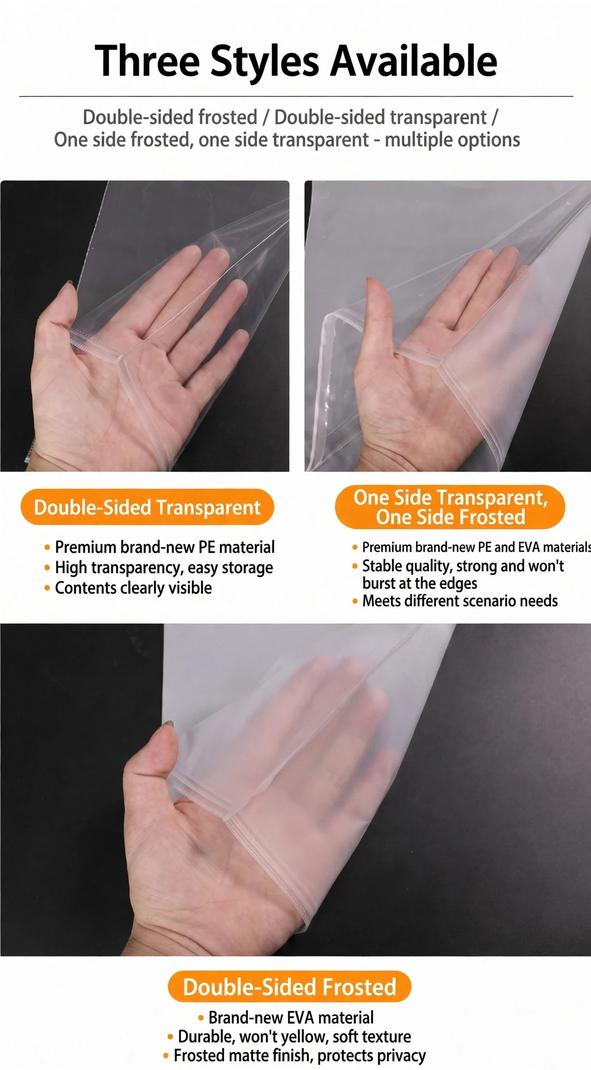 Three zipper bag styles: double-sided clear, one-sided frosted and double-sided frosted